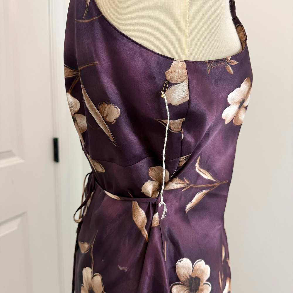 Vintage Purple Floral Satin Slip Dress Mini Faux Pearl Buttons Back Tie - Picture 6 of 12